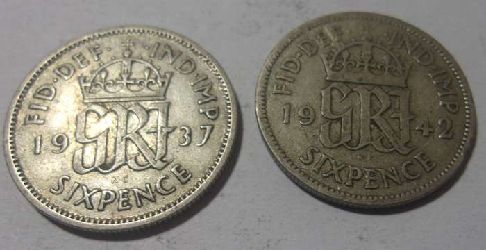 1937, 1942 silver British 6 Pence coins for 1 bid