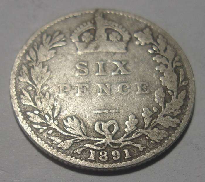 1891 silver British 6 Pence coin