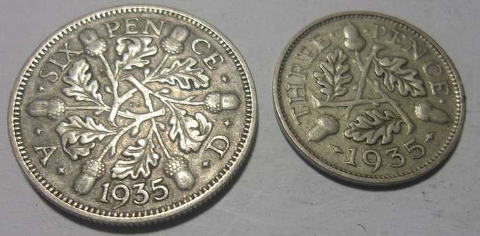 1935 silver British 6 and 3 Pence coins for 1 bid - nice coins