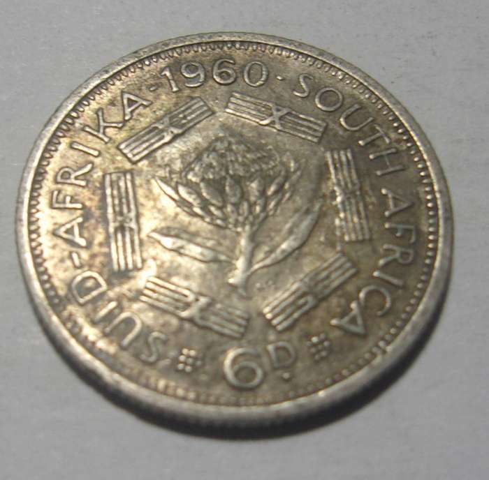1960 silver South Africa 6 Pence coin