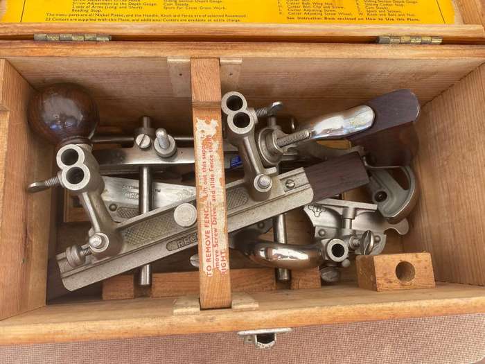 Complete Record No. 405 England Multiplane with 22 Tungsten Steel Cutters in Wooden Box.