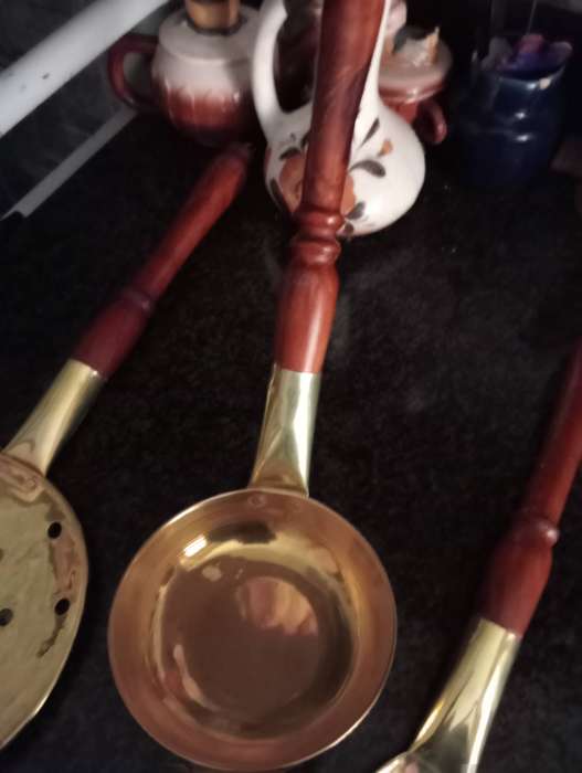 3 KITCHEN BRASS WALL HANGING UTENSILS