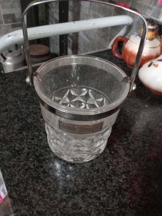 ANTIQUE CHRYSTAL GLASS BUCKET WITH SILVERPLATED STRIP AND HANDLE
