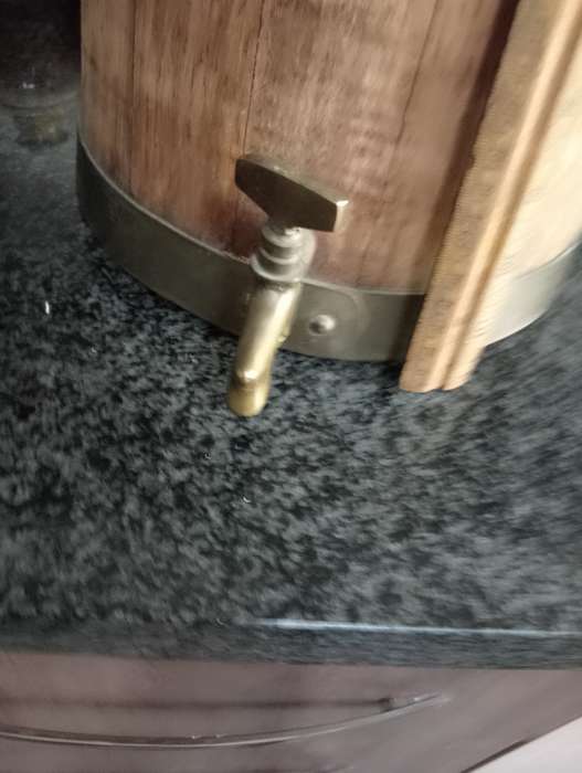 VINTAGE CASTLE SHAPE WOODEN WINE BARREL WITH BRASS TRIMIMGS AND TAP