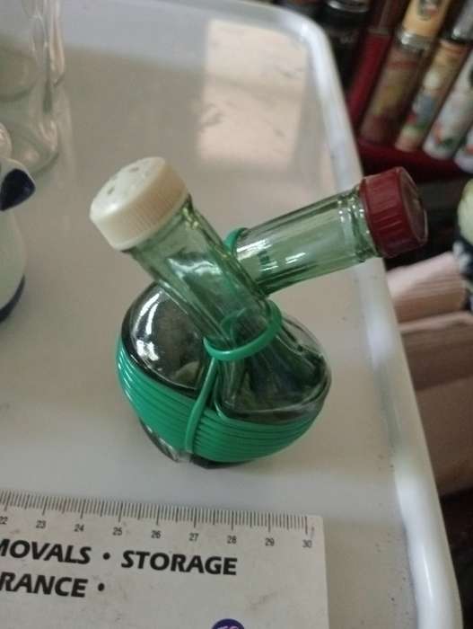 VINTAGE GREEN GLASS SALT AND PEPPER SET