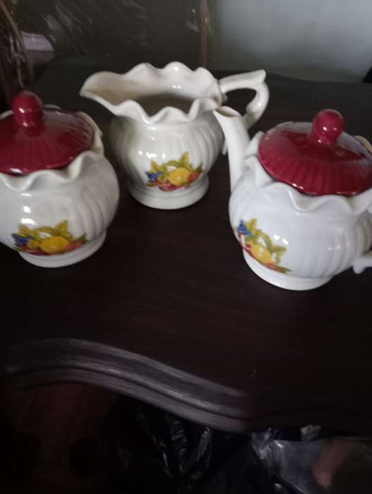VINTAGE PORCELAIN FRUIT MOTIF  SUGAR BOWL TEAPOT AND MILK JUG