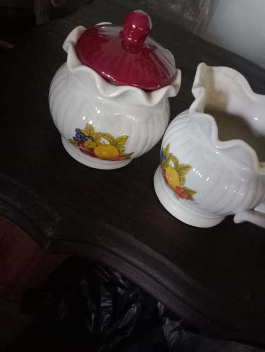 VINTAGE PORCELAIN FRUIT MOTIF  SUGAR BOWL TEAPOT AND MILK JUG