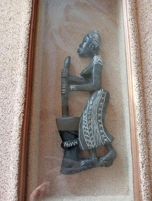 VINTAGE TRIBAL ART FIGURINE FRAMED WITH GLASS