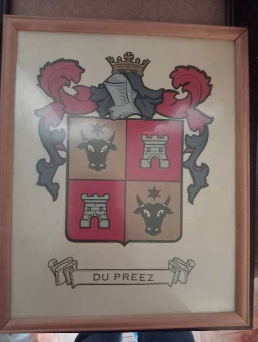 VINTAGE DU PREEZ SURNAME FAMILY CREST  FRAMED WITH GLASS