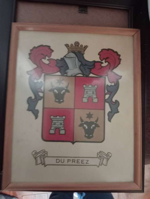 VINTAGE DU PREEZ SURNAME FAMILY CREST  FRAMED WITH GLASS
