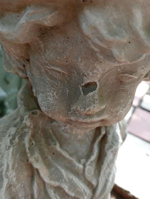 VINTAGE GARDEN STATUE BOY WITH PLANT HOLDER IN HAND
