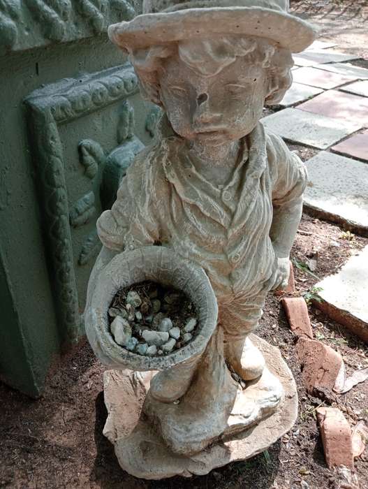 VINTAGE GARDEN STATUE BOY WITH PLANT HOLDER IN HAND