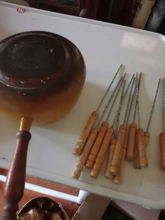VINTAGE ENAMEL FONDUE SET