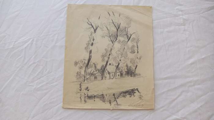 An original pencil sketch by international artist Hedwig Brecher Eibuschitz " landscape study "