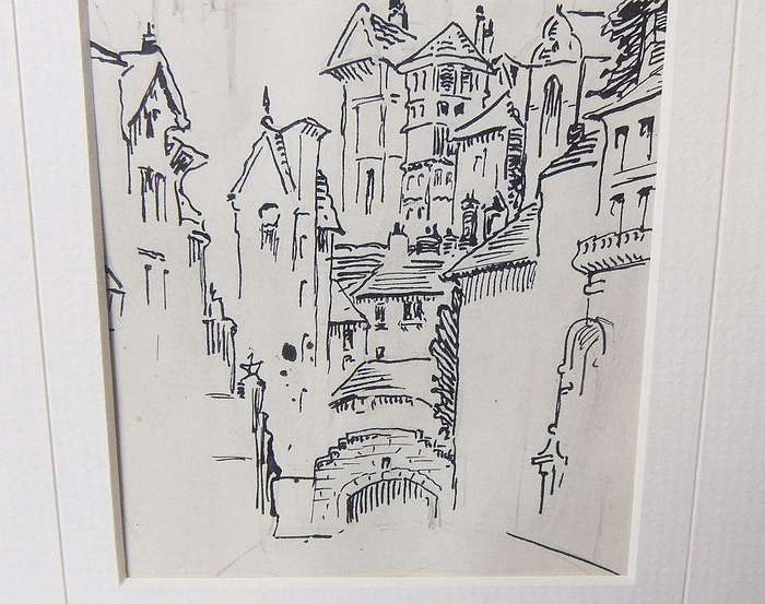An original pencil & ink sketch by international artist Hedwig Brecher Eibuschitz " town study "