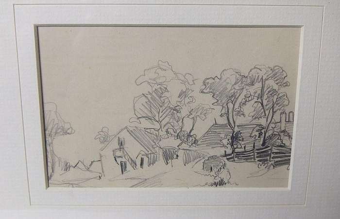 An original pencil sketch by international artist Hedwig Brecher Eibuschitz " farmstead study "