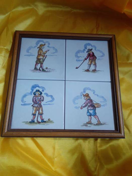 Four Vintage Framed Tiles (Depicting a 17th Century Golfer)