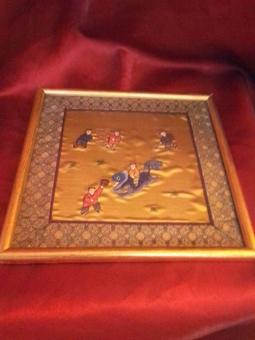 Vintage Chinese Glass Framed Silk Embroidery