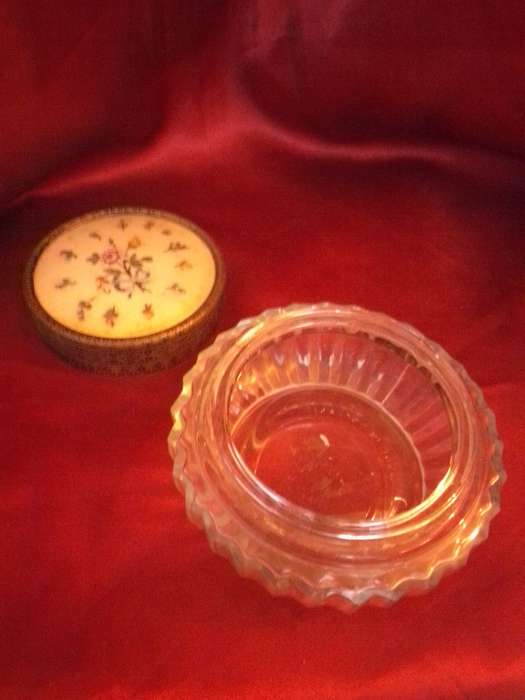 1950's Regent England Glass & Brass Powder Box with Silk Top Embroidery