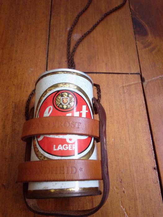 Vintage / Retro Leather 340ml Can Holder With Original Promotional Tin