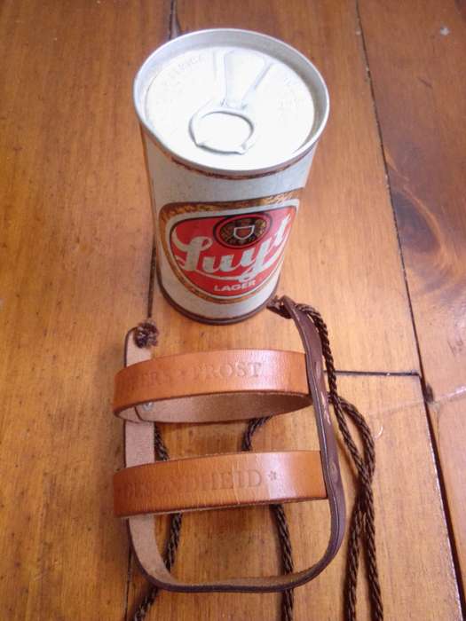 Vintage / Retro Leather 340ml Can Holder With Original Promotional Tin