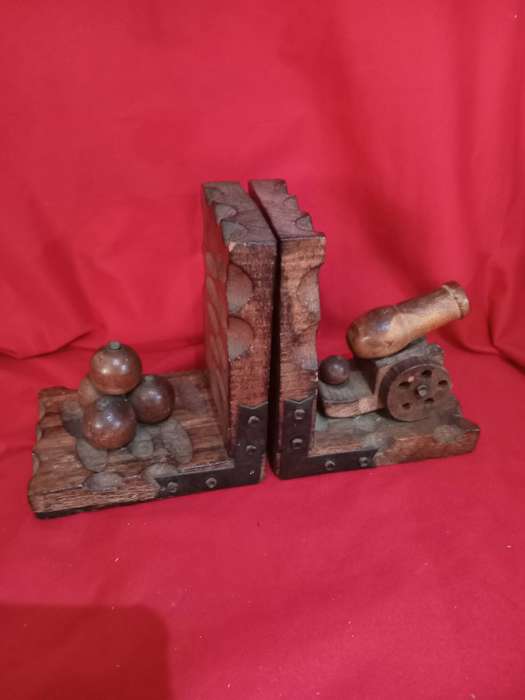 Pair Old Wooden Bookends (Canon & Cannonballs)