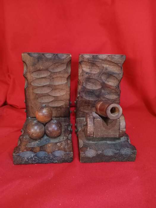 Pair Old Wooden Bookends (Canon & Cannonballs)