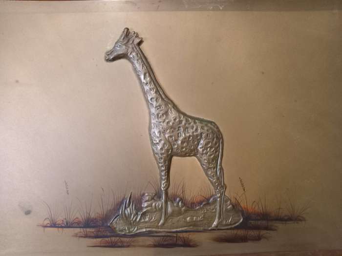 Large Vintage Framed Copper Wall Art 'Giraffe' Signed I.B.