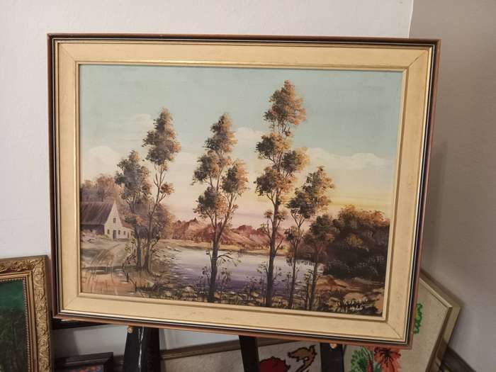 Stunning Circa 1946 Oil on Canvas 'Early Dusk Farmhouse & River' Signed N. Rosati (Italian)