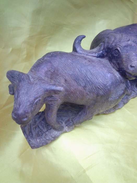 1971 Highly Detailed Wood Carving Cape Buffalo Cow & Bull