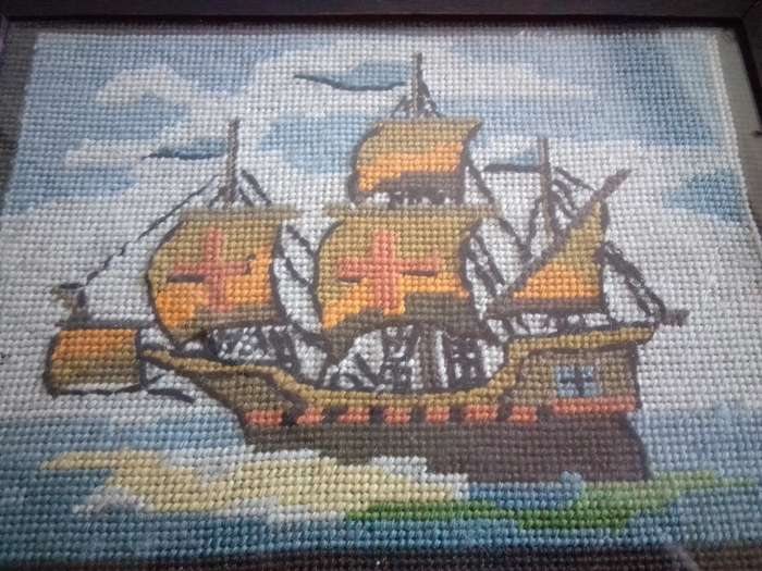 1940's Glass Framed Tapestry of a Man-of-war