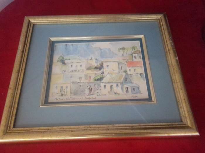 Popular SA Artist Marie Koen Glass Framed Watercolour "Woonbuurt Kaapstad" Signed