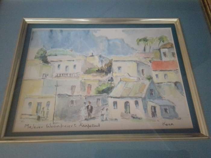 Popular SA Artist Marie Koen Glass Framed Watercolour "Woonbuurt Kaapstad" Signed