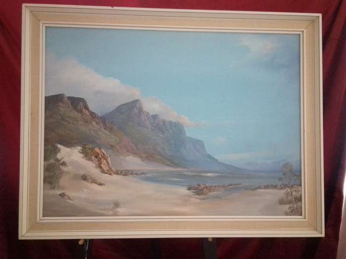 Famous SA Artist Danie Van Niekerk (1931 - 2003) Oil On Board 'Mountains & Dam' Signed