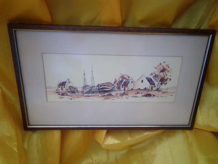 Glass Framed Watercolour Signed & Dated 83' Houses & Boats