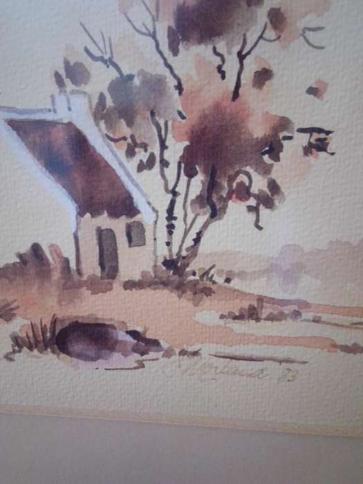 Glass Framed Watercolour Signed & Dated 83' Houses & Boats