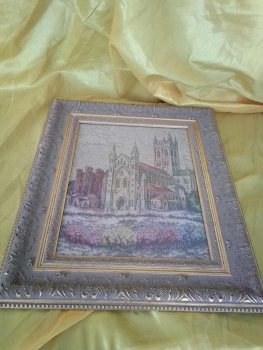 Beautiful Vintage Embroidery 'Cathedral' In Original Ornate Frame