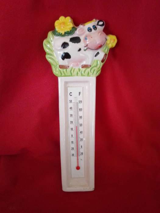 Retro Ceramic Glazed Cow Themed Thermometer