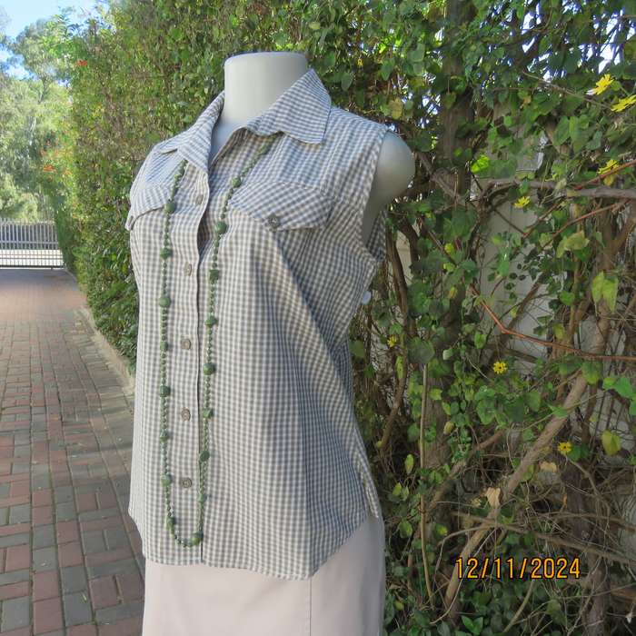 Olive green and cream check cotton button down top. Yoked front. Size 36.