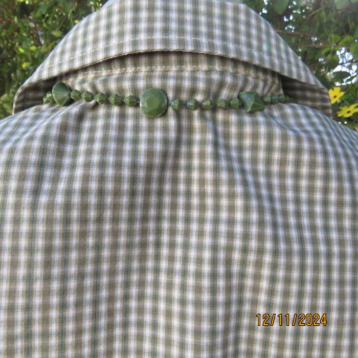 Olive green and cream check cotton button down top. Yoked front. Size 36.