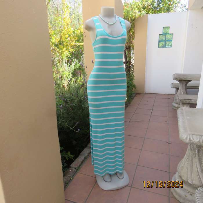 Sexy turquoise/white horizontal striped stretch viscose maxi dress from Brussels by ICON. Size 32.