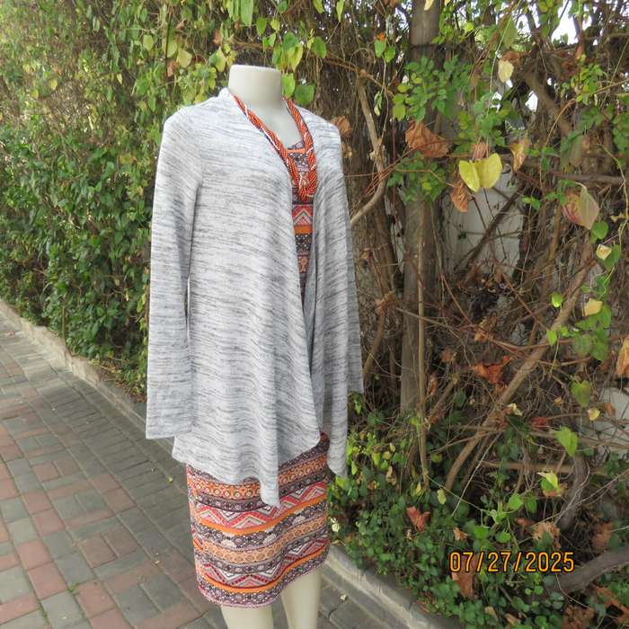 Grey mottled long sleeve waterfall style polyester stretch knit top size 36.