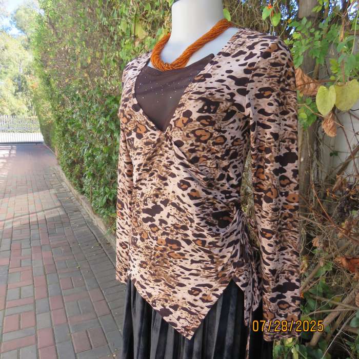 Animal print fold over front long sleeve brown-beige-tan top. Drawstring in side. Size 34.