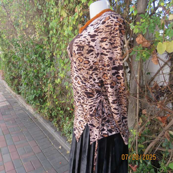 Animal print fold over front long sleeve brown-beige-tan top. Drawstring in side. Size 34.