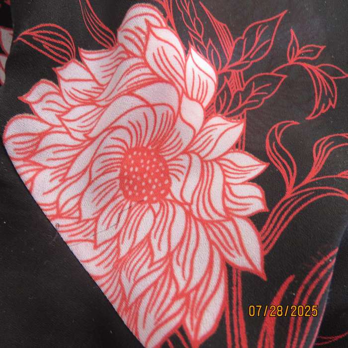 ASPIRE black polyester with red-white bold floral pattern. Unique sleeves. Size 36