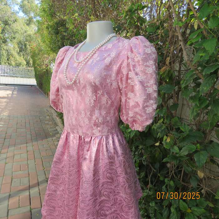Pink and silver bridesmaid flare dress with lace overlay on bodice. Size 36