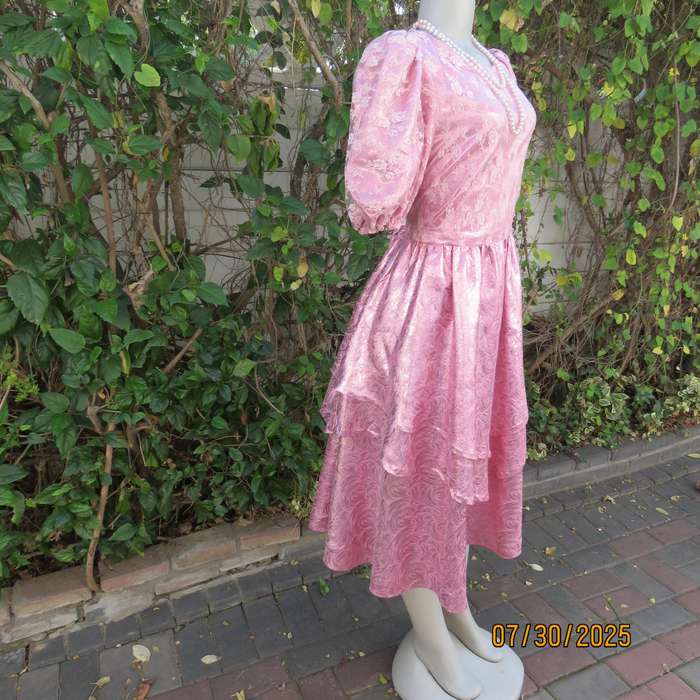 Pink and silver bridesmaid flare dress with lace overlay on bodice. Size 36