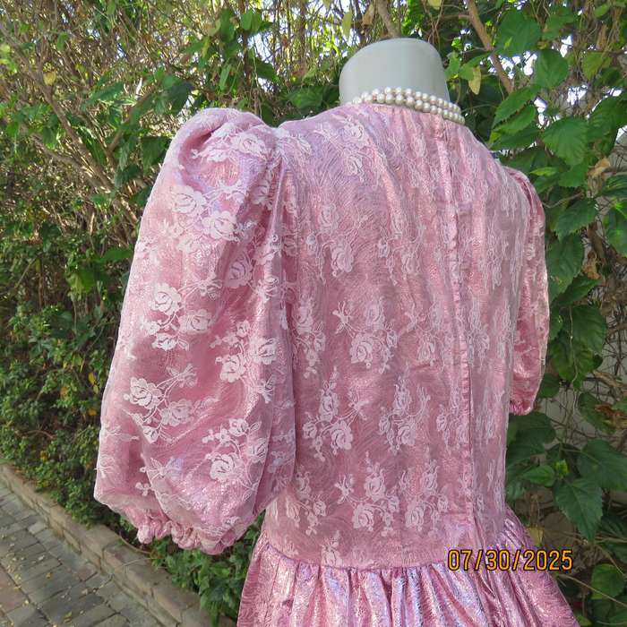 Pink and silver bridesmaid flare dress with lace overlay on bodice. Size 36