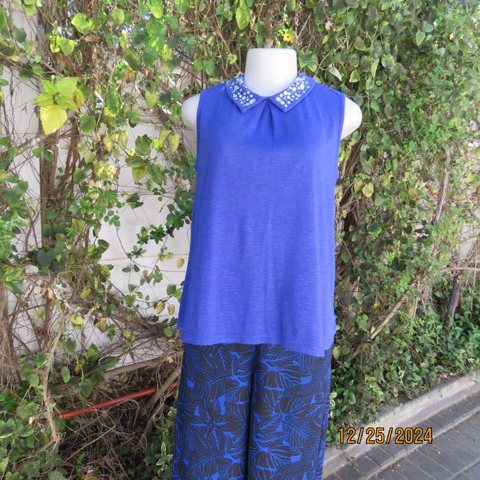 Sweet royal blue loose hanging top with high embellished collar.Size 34 by LEGIT.Opening at back.