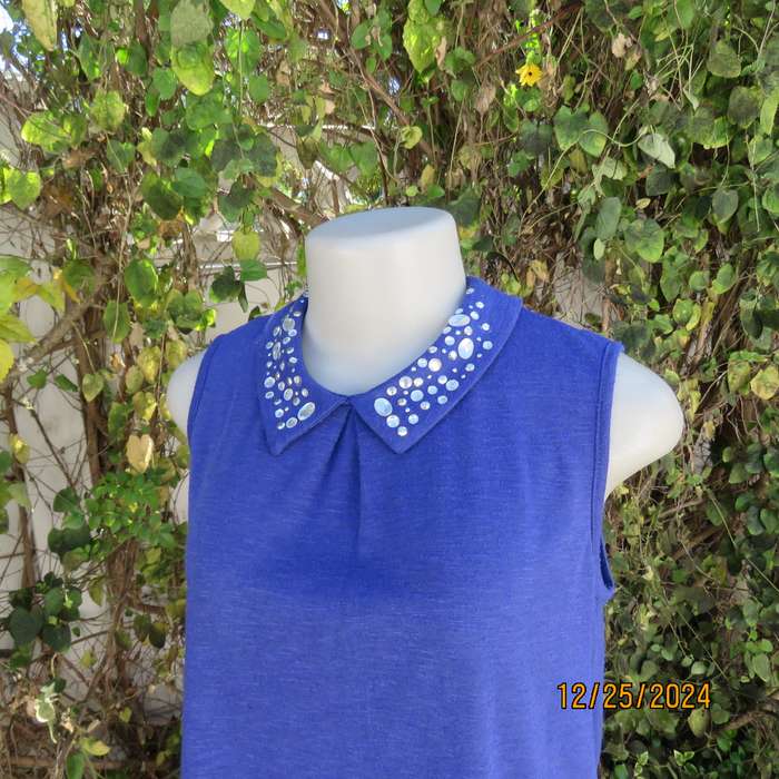 Sweet royal blue loose hanging top with high embellished collar.Size 34 by LEGIT.Opening at back.